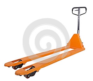 A studio shot of an empty fork pallet truck stacker isolated against white background