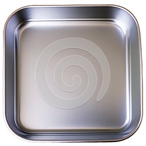 Empty Rectangular Aluminum Baking Pan, Shiny and Clean, Isolated on White Background.