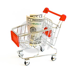 Studio shot fifty-dollar bill 50 banknote and tiny shopping cart isolated on white