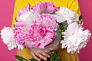 Studio shot of flowers bouquet of pinkand white peonies in hands of unknown woman wearing yellow outfit, faceless portrait of