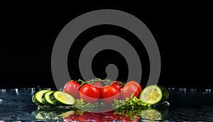 Studio shot with freeze motion of cherry tomatoes and slices of cucumber in water splash on black background