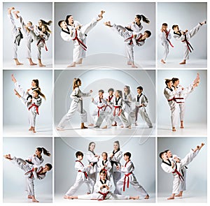 The studio shot of group of kids training karate martial arts