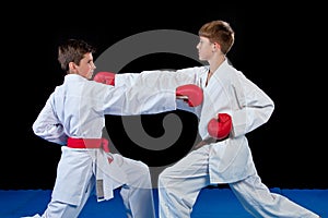 The studio shot of group of kids training karate martial arts