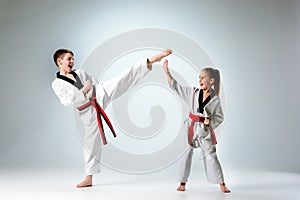 The studio shot of group of kids training karate martial arts