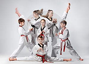 The studio shot of group of kids training karate martial arts