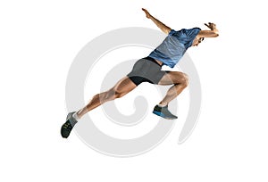 The studio shot of high jump athlete is in action