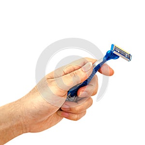 Studio shot left Asian man hand holding plastic disposable razor isolated on white