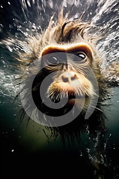 Studio Shot of Monkey Swimming Underwater, Illuminated by Flash Photography