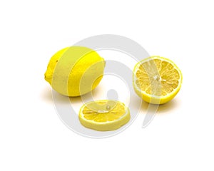 Studio shot one lemon with fresh slice cuts isolated on white