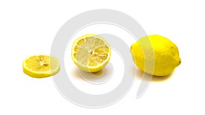 Studio shot one lemon with fresh slice cuts isolated on white