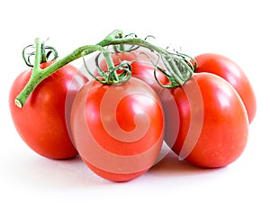 Studio shot organic five on vine ripened Roma tomatoes isolated on white background