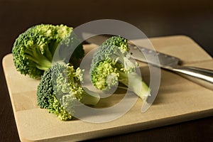 Studio shot of pieces of broccoli on cutting board