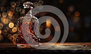 Studio shot of a premium glass bottle mockup containing a luxurious handcrafted whiskey, warm amber hue