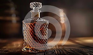 Studio shot of a premium glass bottle mockup containing a luxurious handcrafted whiskey, warm amber hue