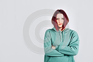 Studio shot of purple hair Hoody woman in long sleeve tracksuits hoodie activewear set