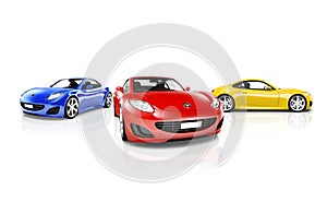 Studio Shot of Red Blue and Yellow Sports Cars