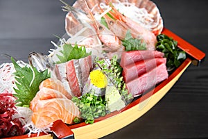 Studio shot of sashimi boat