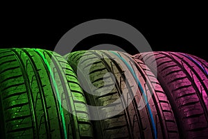Studio shot of a set of summer car tires in green and pink tones. Tire stack background. Car tyre protector close up. Black rubber