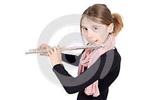 Studio Shot of Smiling Girl Playing Flute Isolated on White