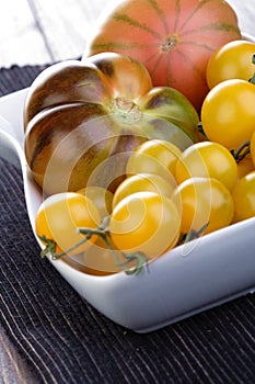 Studio shot of tomatos in dish