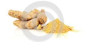 Studio shot of whole ginger with spice isolated on white