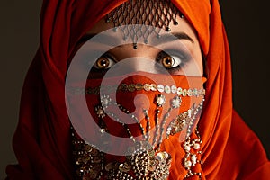 Studio shot of a young charming woman wearing the terracotta hijab decorated with sequins and jewelry. Arabic style.