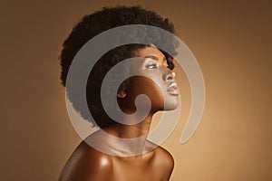 Studio shot of a young stunning African American woman with a beautiful afro. Confident black female model showing her