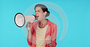 Studio, shouting or woman with megaphone for speech, protest or activism for human rights or equality. Blue background