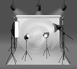 Studio spotlights. Realistic photo studio with professionals equipment, floodlight, cyclorama and tripod, soft box light