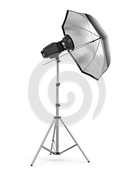 Studio strobe light flash with umbrella.