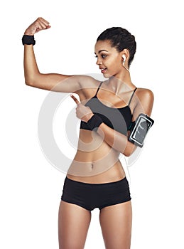 Studio, strong arm and black woman pointing at bodybuilder training, wellness workout and health exercise results