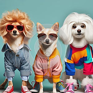 studio style shot of dogs fashionably dressed dogs ready to go out