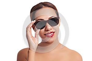 Studio, sunglasses and woman with smile for fashion, beauty and confidence with mockup. Female model, red lips and pride