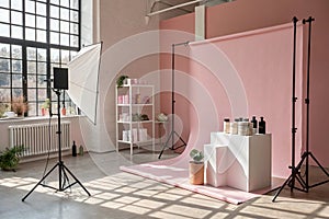 Wall interior with shadow from window pink backdrop