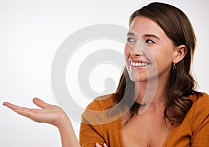 Studio, woman and hand for product placement with mockup space on white background. Gesture, advert and commercial