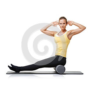 Studio workout, foam roller and portrait of woman with posture exercise, stretching or yoga performance challenge. Floor