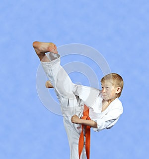 The studious athlete is training kick yoko-geri on a light background