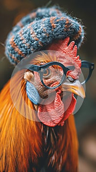 studious cock wearing eyeglasses and wool hat and looking to side