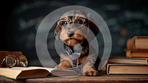 studious little teckel dog with glasses opening books and learning