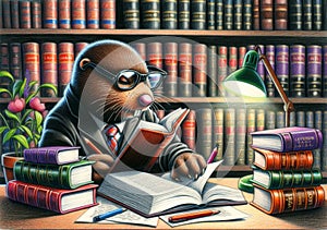 Studious Mole Wearing Glasses Reading Law Books