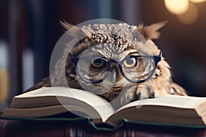 Studious Owl with Glasses Reading a Book, AI Generated