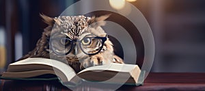Studious Owl with Glasses Reading a Book, AI Generated