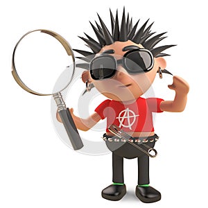 Studious punk rocker looks at things through a magnifying glass, 3d illustration