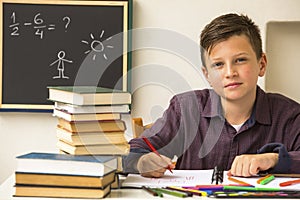 Studious schoolboy doing homework. Education.