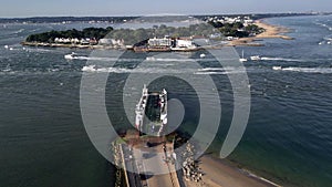 Studland Sandbanks ferry with cars loading aerial view