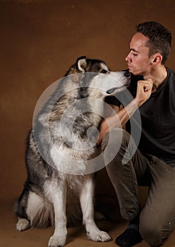 Studo shot of a man and alaskan malamute dog stitting on brown blackground