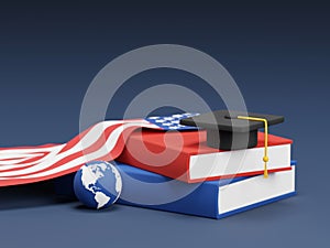 Study abroad banner concept design of graduation cap on books and global with american flag on blue background 3D render