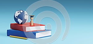 Study abroad banner concept design of wooden people with graduation cap and world on books 3D render