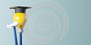 Study abroad concept design of pencils with light bulb and graduation cap and plane 3D render