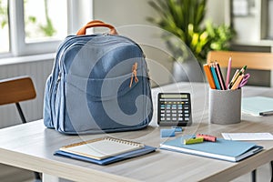 A study area featuring a backpack, calculator, notebooks, and colorful pens on a table